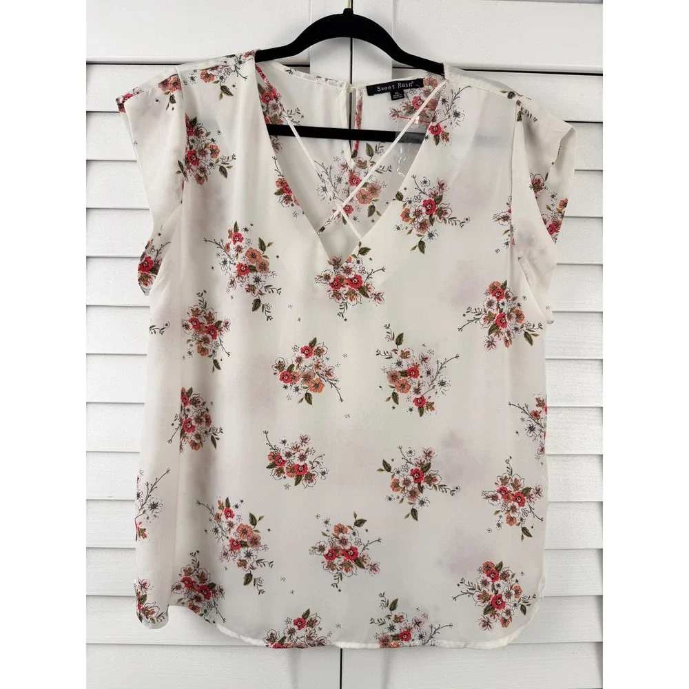Sweet Rain Blouse Women XL White Floral Strappy V-Neck Cap Sleeve‎ Lightweight